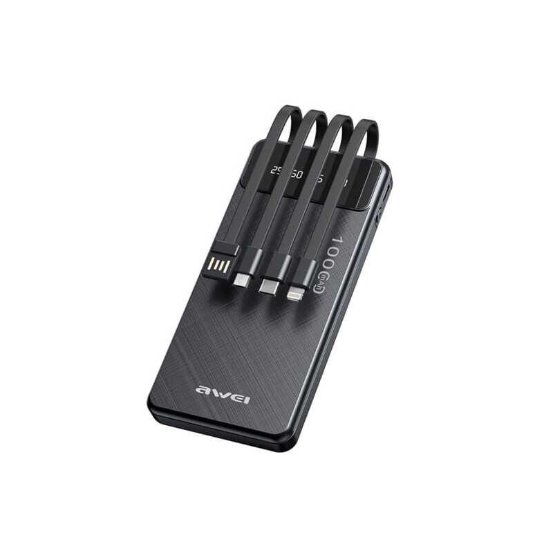 Powerbank 10000 mAh με Ενσωματωμένα Καλώδια Φόρτισης και Θύρα USB-C Awei P131K Μαύρο