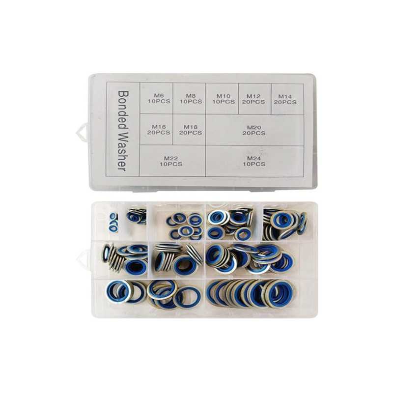 Σετ Ροδέλες μεταλλικές στεγανοποίησης με λάστιχο στο εσωτερικό τους σε 10 διαφορετικά μεγέθη 150 τεμαχίων σε κασετίνα W14862