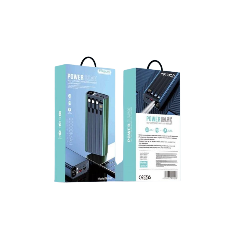 Powerbank 4 εξόδων black 20000 mAh με καλώδια εξόδου και ενσωματωμένο φακό TR-967