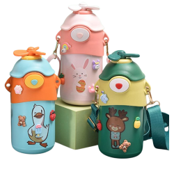 Παιδικός θέρμος 500ml με καλαμάκι BH1010-13 Ροζ κουνέλι/Πράσινο ελάφι/Μπλε πτηνό