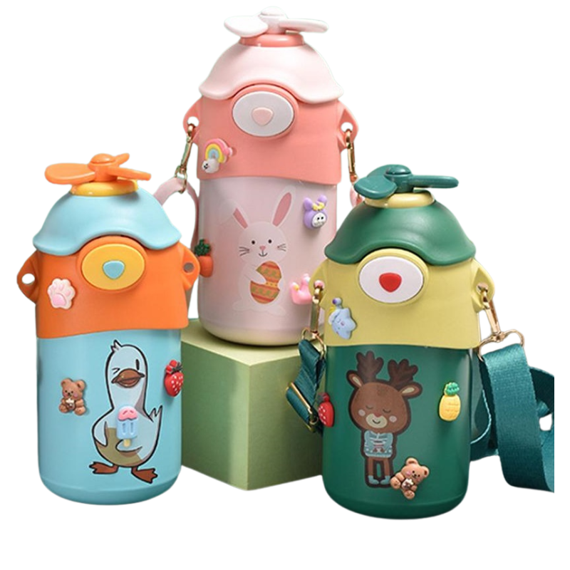 Παιδικός θέρμος 500ml με καλαμάκι BH1010-13 Ροζ κουνέλι/Πράσινο ελάφι/Μπλε πτηνό