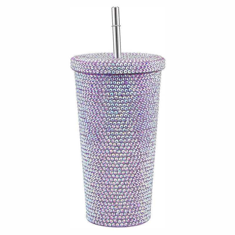 Ποτήρι θερμός με μεταλλικό καλαμάκι και στρας 500ml QH-009 Μπλε