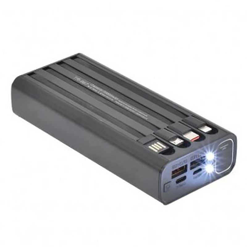 Powerbank 4 εξόδων black 20000 mAh με καλώδια εξόδου και ενσωματωμένο φακό TR-967