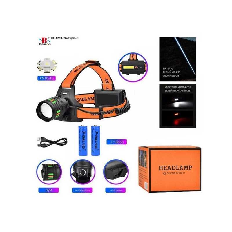 Επαναφορτιζόμενος Φακός Κεφαλής LED Zoom με 2 μπαταρίες 18650mAH BL-T203-TG