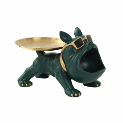Διακοσμητικό αφηρημένης τέχνης γλυπτό ρητίνης Γαλλικό Μπουλντόγκ με δίσκο 30x17x18.5cm KJ132 Πράσινο