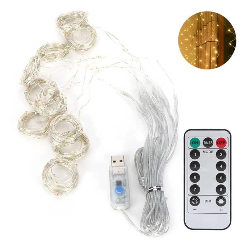 LED Λαμπάκια Κουρτίνα USB σε Σειρά 3mx3m με Θερμό Λευκό Φωτισμό - Ασημί Καλώδιο - 8 Λειτουργίες - Dimmable BX-017