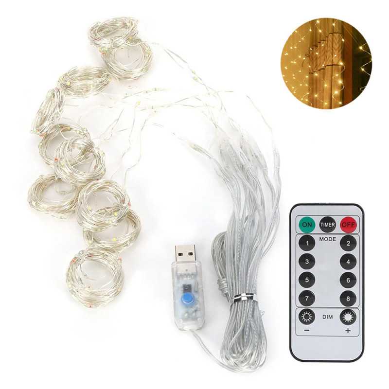 LED Λαμπάκια Κουρτίνα USB σε Σειρά 3mx3m με Θερμό Λευκό Φωτισμό - Ασημί Καλώδιο - 8 Λειτουργίες - Dimmable BX-017